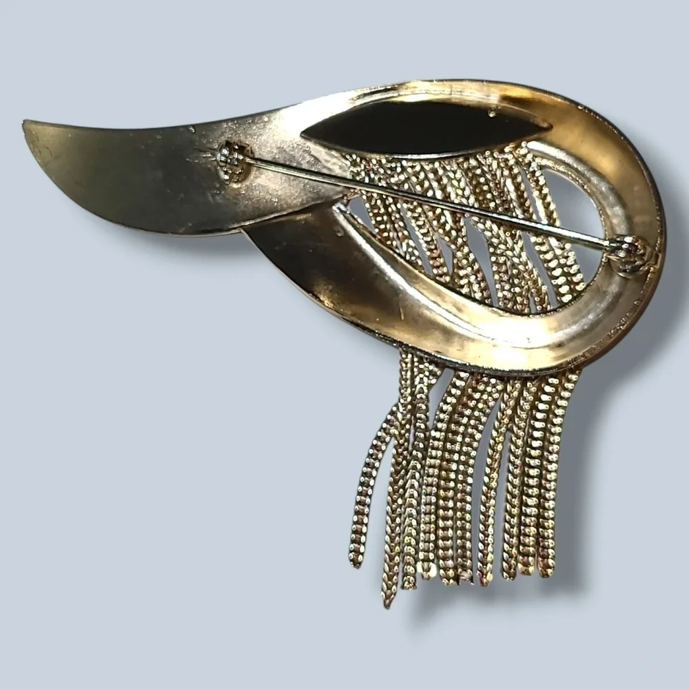 Vintage Gold Tone Modernist Brooch Pin Chain Fringe Waterfall